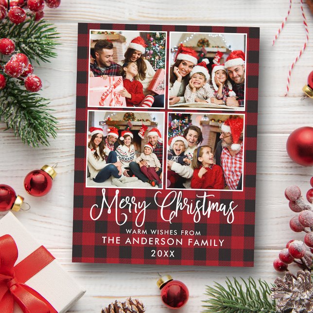 Postal Caligrafía moderna divertida Navidad Plaid 4 Foto (Customize to change your personalized text size or text style.)