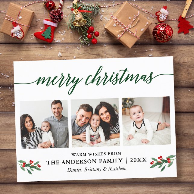 Postal Caligrafía moderna Holly Green Navidades 3 Foto (Customize to change your personalized text size or text style.)