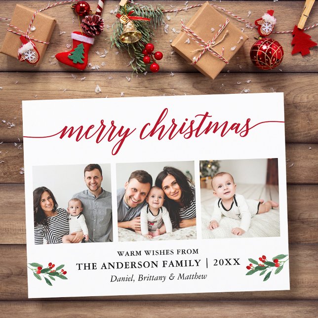 Postal Caligrafía moderna Holly Navidades rojos 3 Foto (Customize to change your personalized text size or text style.)