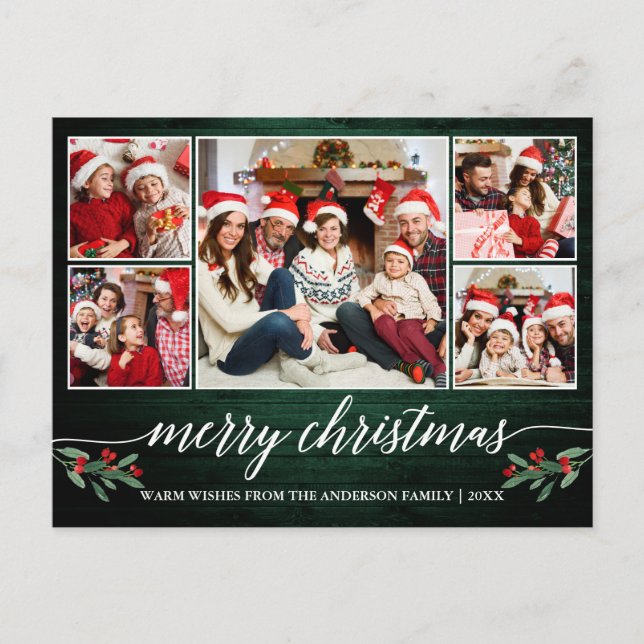 Postal Caligrafía moderna Madera verde 5 Navidades de fot (Anverso)