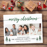 Postal Caligrafía moderna Navidades de Green Pines 3 Foto<br><div class="desc">Guión moderno caligrafía Feliz Navidad 3 Fototarjetas postales navideñas incluye pinos acuarelas</div>
