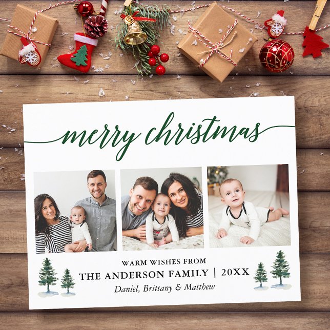 Postal Caligrafía moderna Navidades de Green Pines 3 Foto (Customize to change your personalized text size or text style.)