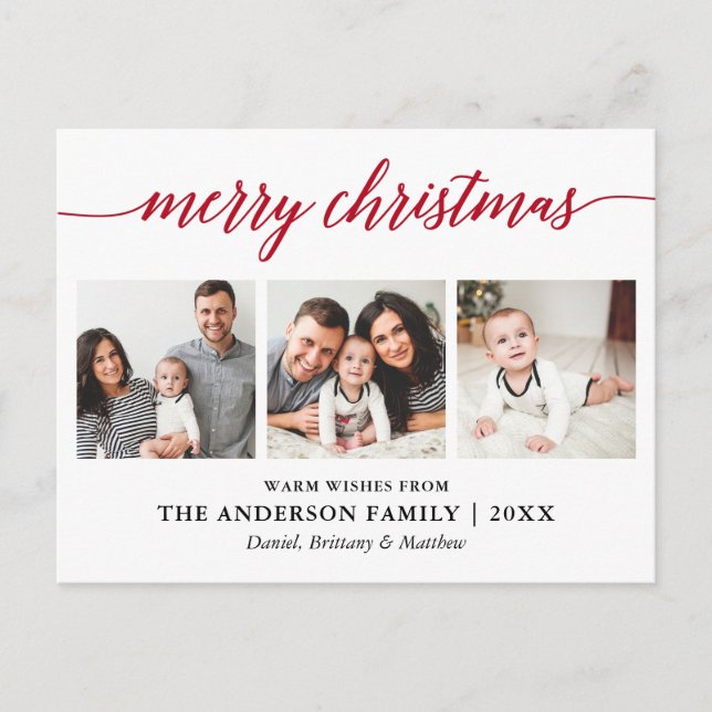 Postal Caligrafía moderna Red Merry Christmas 3 Photo (Anverso)