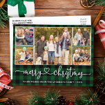 Postal Caligrafía Navidades del corazón 5 Foto Plaid verd<br><div class="desc">Caligrafía moderna Corazón guión Feliz Navidad 5 Foto postal de vacaciones - Green Plaid</div>
