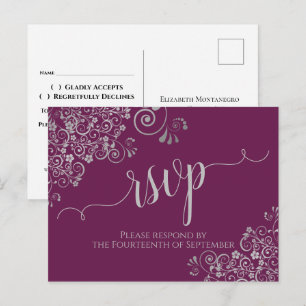 Postal Caligrafía plateada de encaje casis púrpura Boda R
