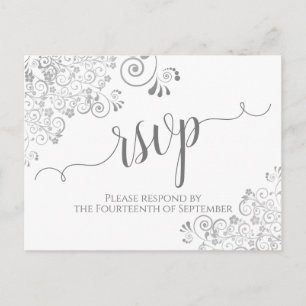 Postal Caligrafía plateada Lacy Boda blanca y gris RSVP
