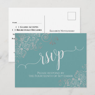 Postal Caligrafía plateada Lacy respuesta de boda en colo