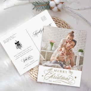 Postal Caligrafía romántica dorada Fotos navideñas