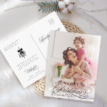 Postal Caligrafía romántica Fotos navideñas<br><div class="desc">Esta postal de fotos de los Navidades incluye elegantes y románticas letras de caligrafía rápida con ramas de pinecone,  estrellas y mensaje de texto personalizado en la parte posterior. Para una personalización más avanzada de este diseño,  haga clic en el BOTÓN HERRAMIENTA DE DISEÑO AZUL de arriba.</div>