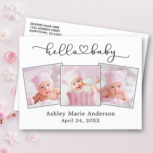 Postal Caligrafía Script Heart 3 Photo Hello Baby (Customize to change your personalized text size or text style.)