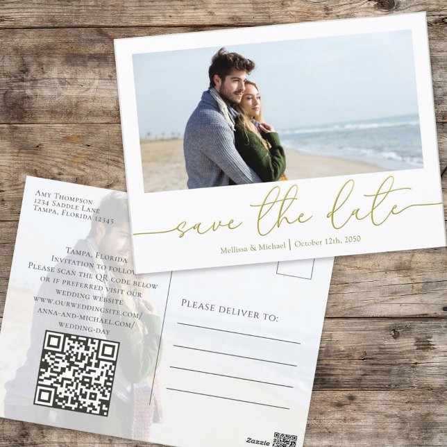 Postal Caligrafía simple de oro Foto moderna Código QR (Subido por el creador)