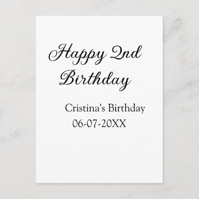 Postal caligrafía simple mínima feliz segundo cumpleaños (Anverso)