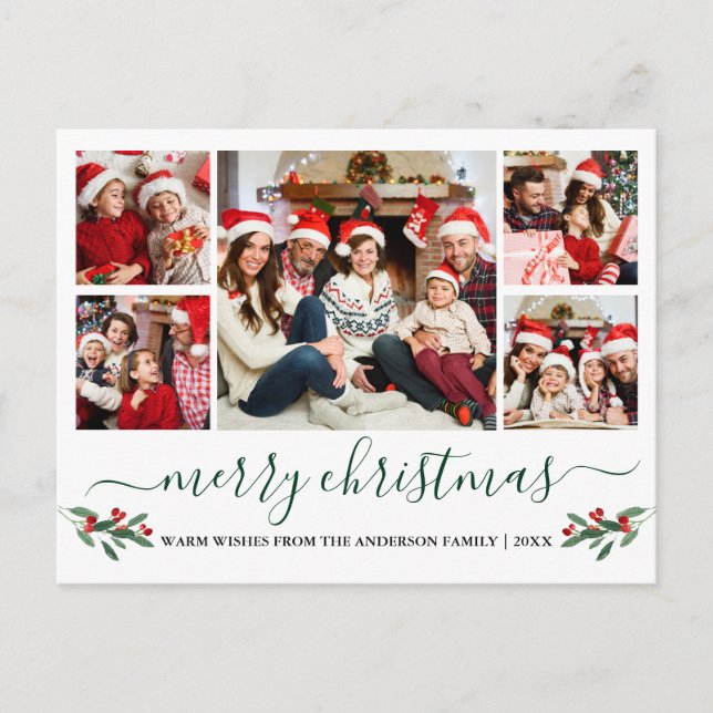 Postal Caligrafía Verde Feliz Navidad Holly 5 Foto (Anverso)