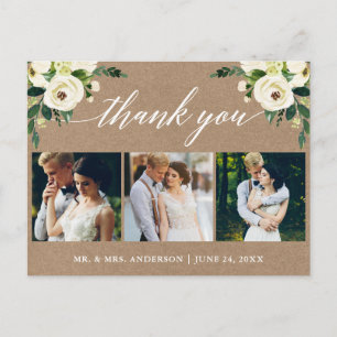 Postal Caligrafía Verde Floral Boda Agradecer Kraft