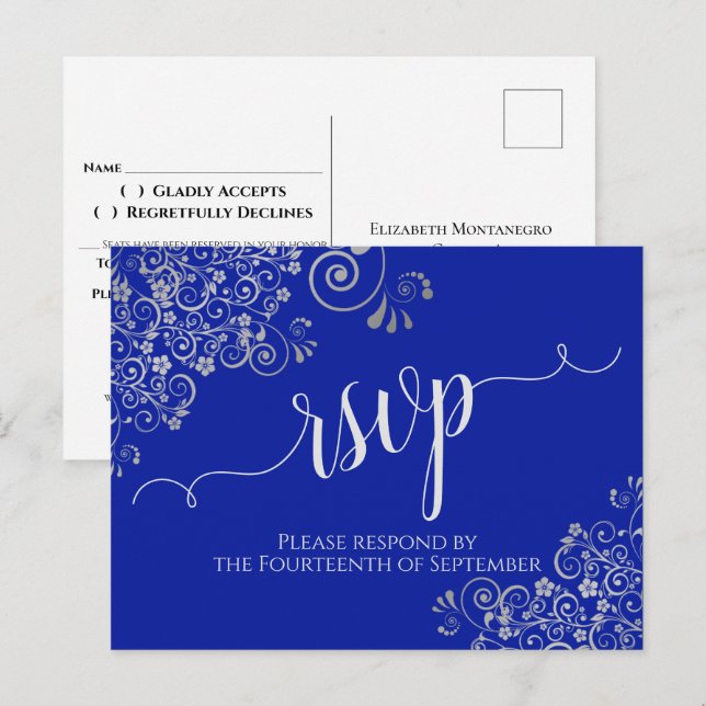 Postal Caligrafía Volantes de Plata Azul Real Boda RSVP (Anverso / Reverso)