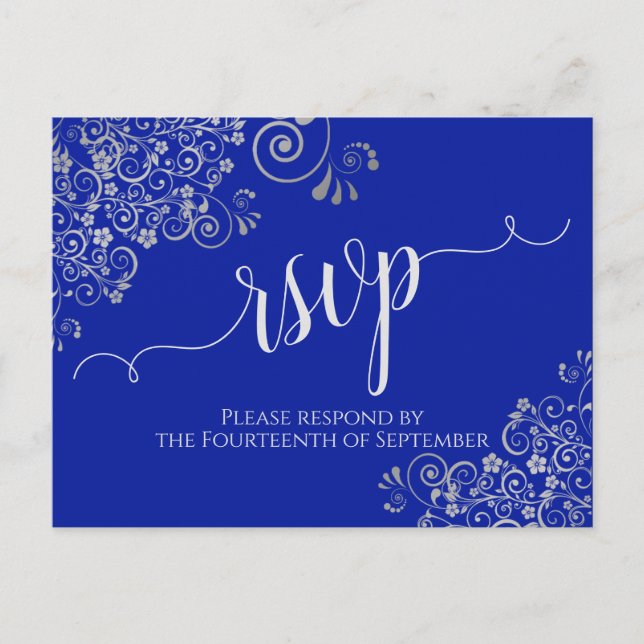 Postal Caligrafía Volantes de Plata Azul Real Boda RSVP (Anverso)