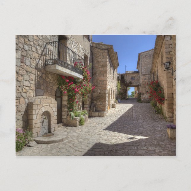 Postal Calle adoquín, edificios de piedra, historia (Anverso)