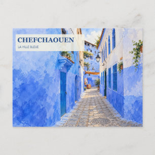 Postal Calle Azul de Chefchaouen Acuarela Marruecos