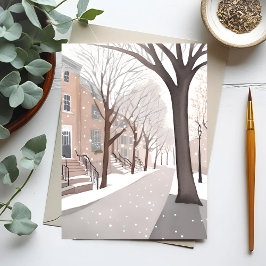 Postal Calle de Brownstone | Acuarela de invierno nevado