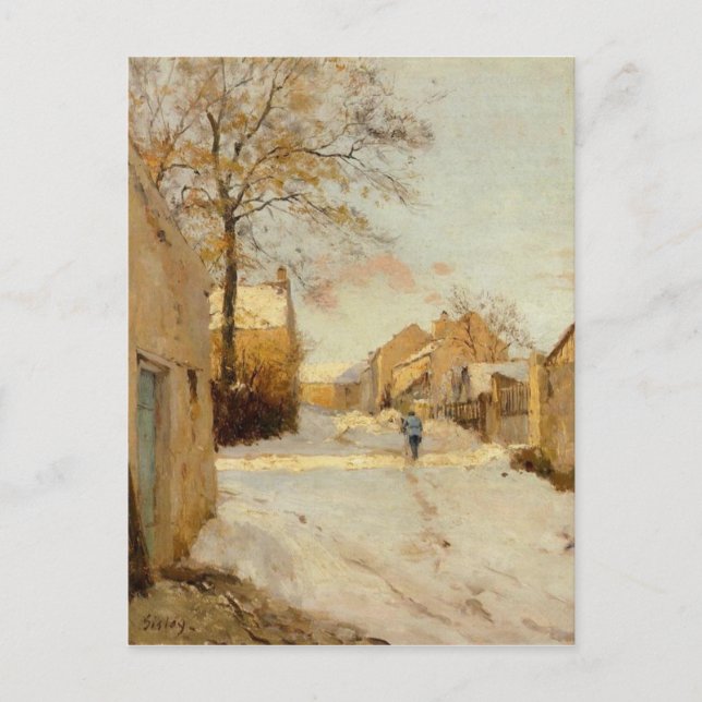 Postal Calle de un pueblo en invierno por Alfred Sisley (Anverso)