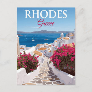 Postal Calle empedrada con vista al mar en Rodas Grecia