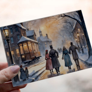 Postal Calle nevada victoriana vintage con acuarela