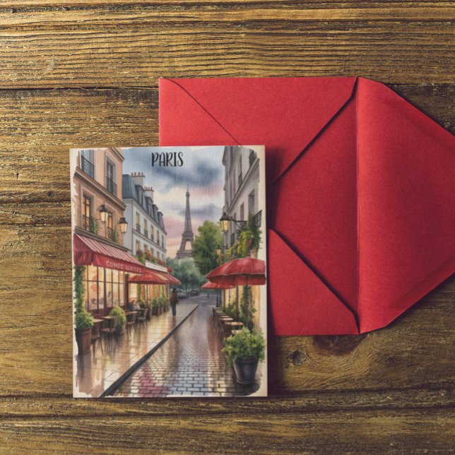Postal Calle Romántica de París Torre Eiffel Acuarela (Romantic Paris Street Eiffel Tower Watercolor Postcard)