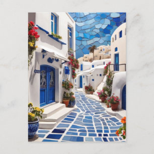 Postal Calle Santorini, Grecia, Arte Mosaico Pueblo Grieg