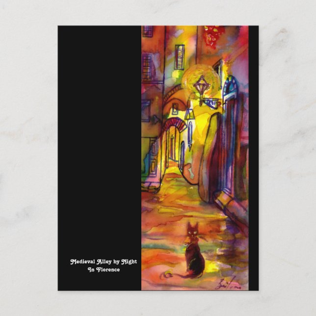 Postal CALLEJÓN MEDIEVAL POR LA NOCHE EN FLORENCIA negro (Anverso)