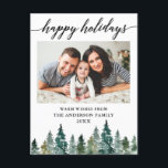 Postal Calligrafía Acuarela Pina Trees Festividad fotográ<br><div class="desc">Guión moderno elegante de caligrafía,  pinos acuarelas,  tarjeta navideña de vacaciones de la familia Happy Holidays</div>