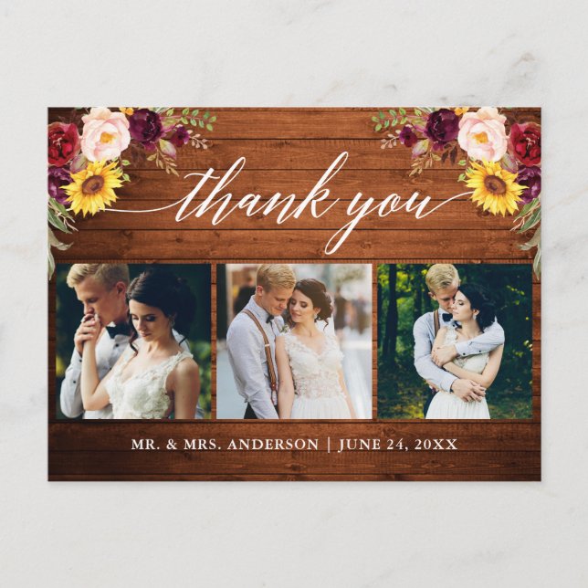 Postal Calligrafía Boda Floral Mixta Wood Gracias (Anverso)