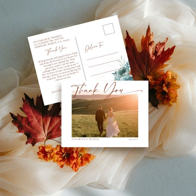 Postal Calligrafía de otoño Boda romántica foto gracias (fall wedding shower baby photo thank you teal burnt orange terracotta calligraphy watercolor floral)