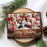 Postal Calligrafía divertida Feliz Navidad Wood Holly 5 F<br><div class="desc">Moderna caligrafía de diversión guión 5 Collage de fotos de la familia de fotos La tarjeta postal navideña merry incluye Navidades de acuarela Holly Berries - Rústico País Madera</div>