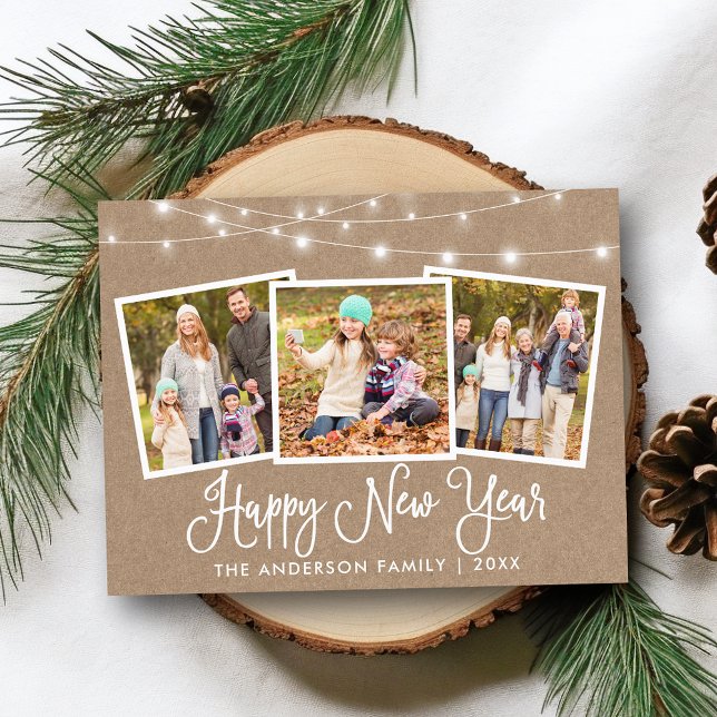 Postal Calligrafía divertida Kraft ilumina 3 foto Año Nue (Customize to change your personalized text size or text style.)