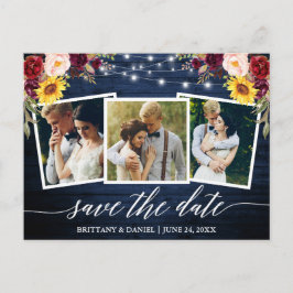 Postal Calligrafía Floral Blue Wood Save the Date