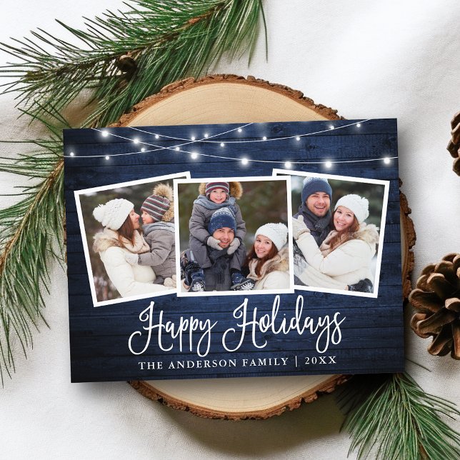 Postal Calligrafía Holiday Blue Wood String Lights Photo (Customize to change your personalized text size or text style.)