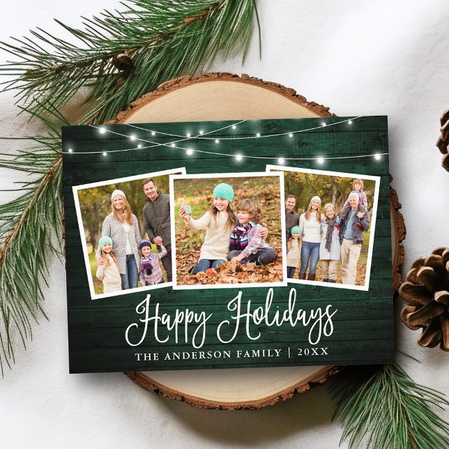 Postal Calligrafía Holiday Green Wood String Lights Photo (Customize to change your personalized text size or text style.)