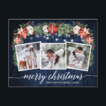 Postal Calligrafía Madera Azul 3 Foto Flora acuarela<br><div class="desc">Moderno y elegante guión de caligrafía,  acuarela floral de invierno,  hilo de luces de cadena Pareja 3 Fotografía La postal navideña incluye poinsettias rojas acuarelas,  rosas blancas,  bayas huecas,  conos de pino y vegetación botánica. Madera Azul Rústica.</div>