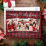 Postal Calligrafía Navidades del corazón 3 Foto Red Plaid<br><div class="desc">Caligrafía moderna Corazón guión Feliz Navidad 3 Foto tarjeta postal de vacaciones - Platos de búfalo rojos</div>