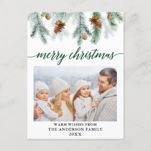 Postal Calligrafía Watercolor Pine Cones Green Navidades