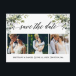 Postal Calligraphy 3 Fotovegetación Salvar la fecha<br><div class="desc">Moderna caligrafía Script Elegante Agua verde 3 Foto Guardar la Invitación de compromiso Boda de fecha postal incluye hojas de eucalipto,  follaje botánico verde,  hojas azul polvorientas y otros hermosos paisajes botánicos.</div>