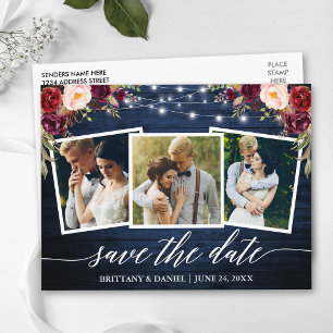Postal Calligraphy Blue Wood Floral Save the Date