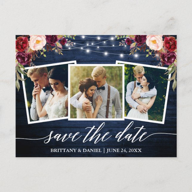 Postal Calligraphy Blue Wood Floral Save the Date (Anverso)