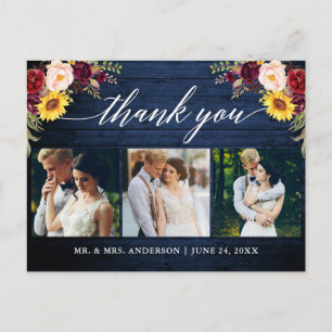 Postal Calligraphy Boda Floral Blue Wood Gracias
