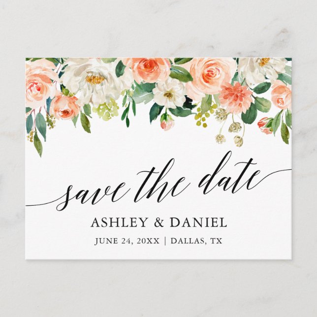Postal Calligraphy Coral Floral Save the Date (Anverso)