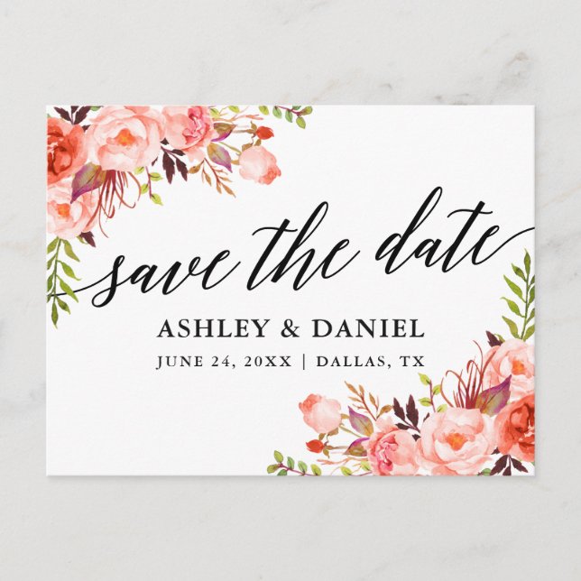 Postal Calligraphy Coral Floral Save the Date (Anverso)