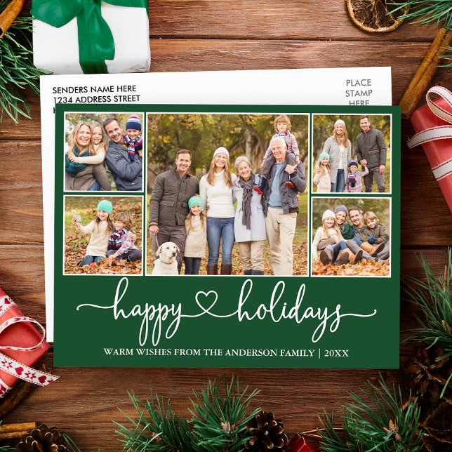 Postal Calligraphy Heart Happy Holidays 5 Photo Green (Customize to change your personalized text size or text style.)