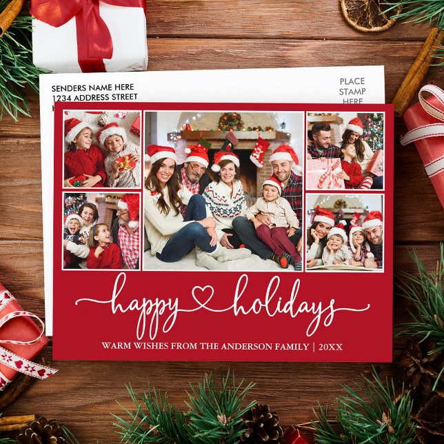 Postal Calligraphy Heart Happy Holidays 5 Photo Red (Customize to change your personalized text size or text style.)
