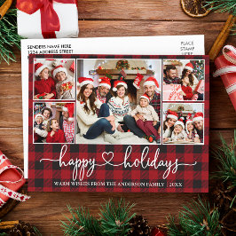 Postal Calligraphy Heart Happy Holidays 5 Photo Red Plaid