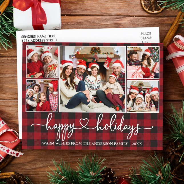 Postal Calligraphy Heart Happy Holidays 5 Photo Red Plaid (Customize to change your personalized text size or text style.)